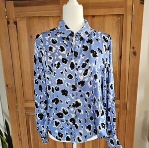 Zara Blue Black White Abstract Leopard Button-Down Shirt